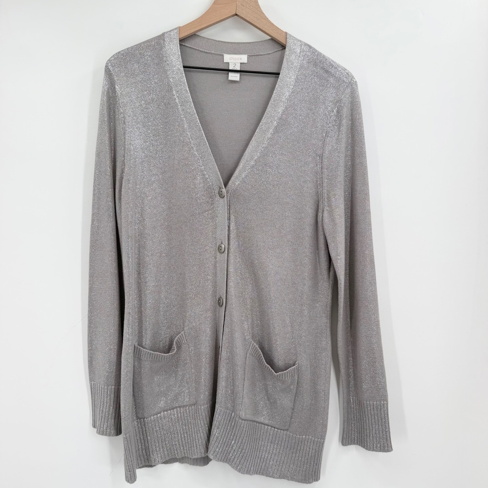 Chico's Silver Metallic Shimmer Cardigan Sweater V-Neck Button Front Size 2 L